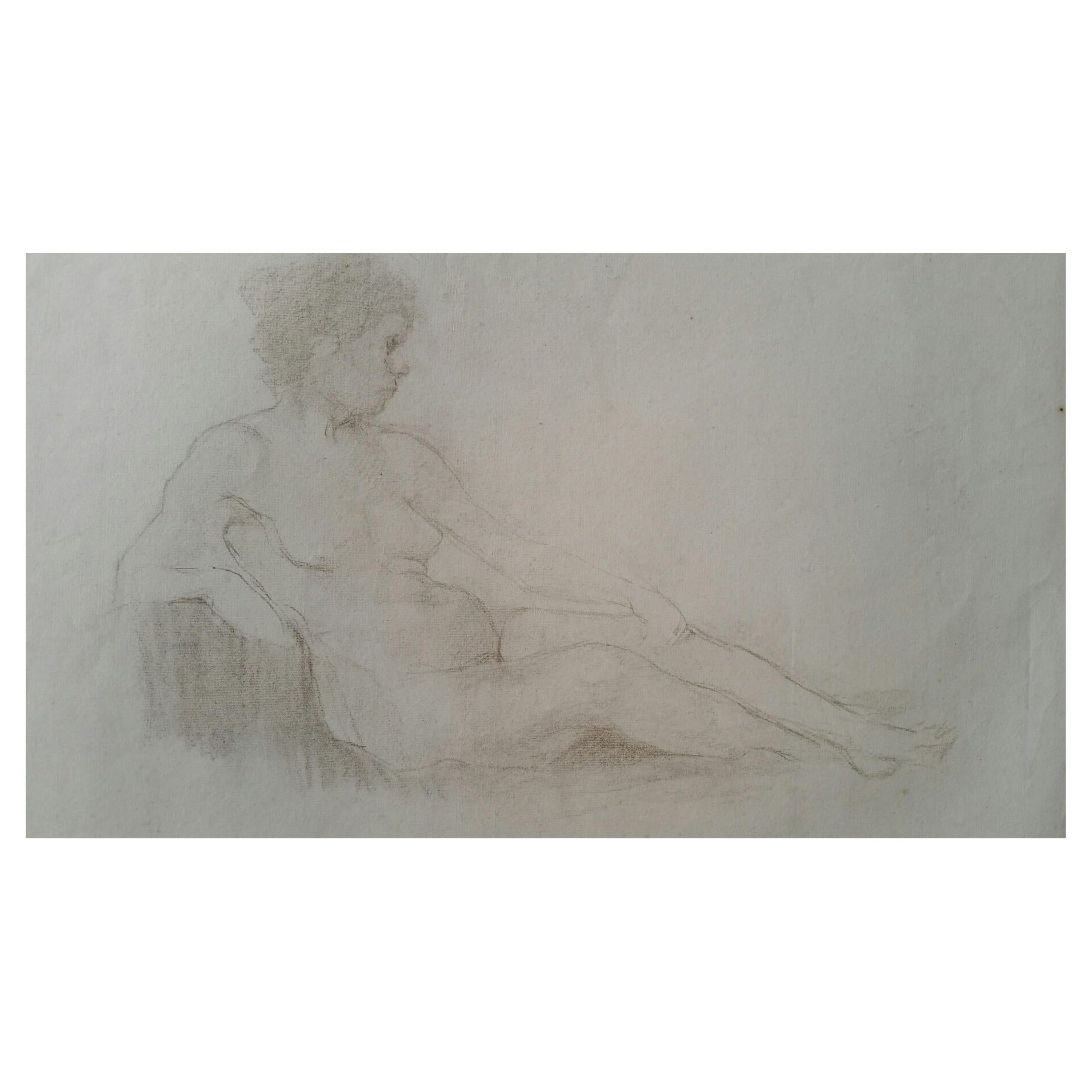 English Antique Portrait Sketch of Reclining Female Nude 'Double Sided'