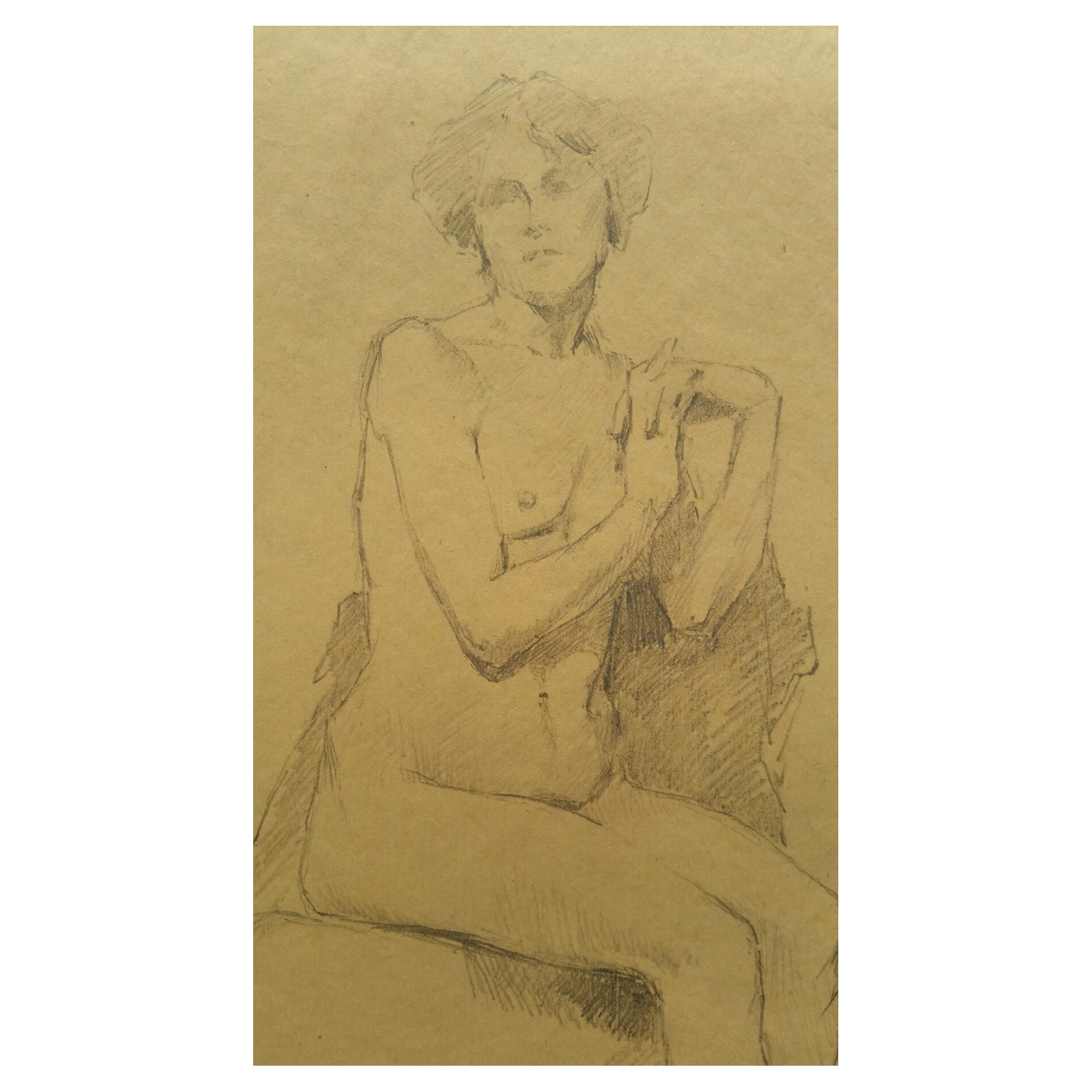 English Antique Portrait Sketch of Female Nude Seated 'with Additional Image' For Sale