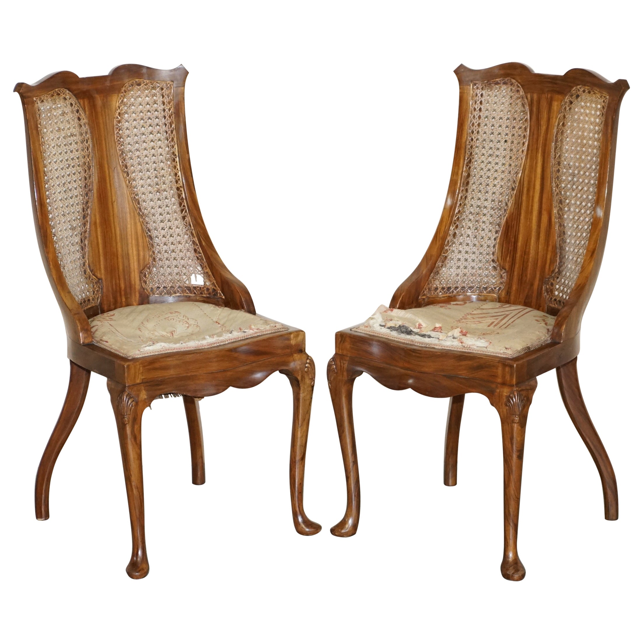 Lovely Pair of Art Deco Walnut & Hardwood Bergere Side Chairs Part of Suite For Sale