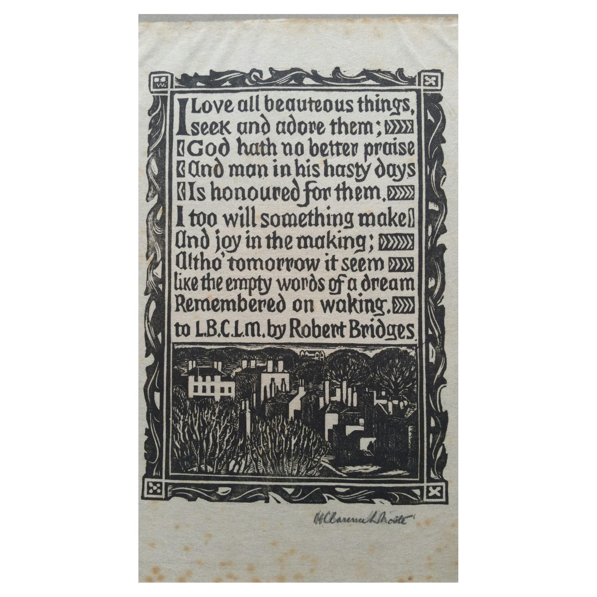 English Antique Woodcut Engraving, Signed, of Prose by Robert Bridges For Sale