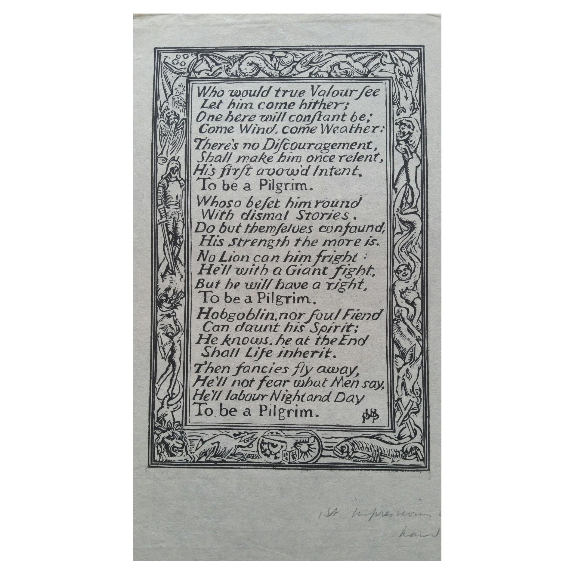 English Antique Woodcut Engraving, Inscribed, of Bunyan Hymn For Sale