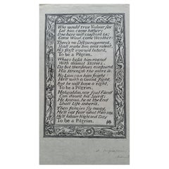 English Antique Woodcut Engraving, Inscribed, of Bunyan Hymn