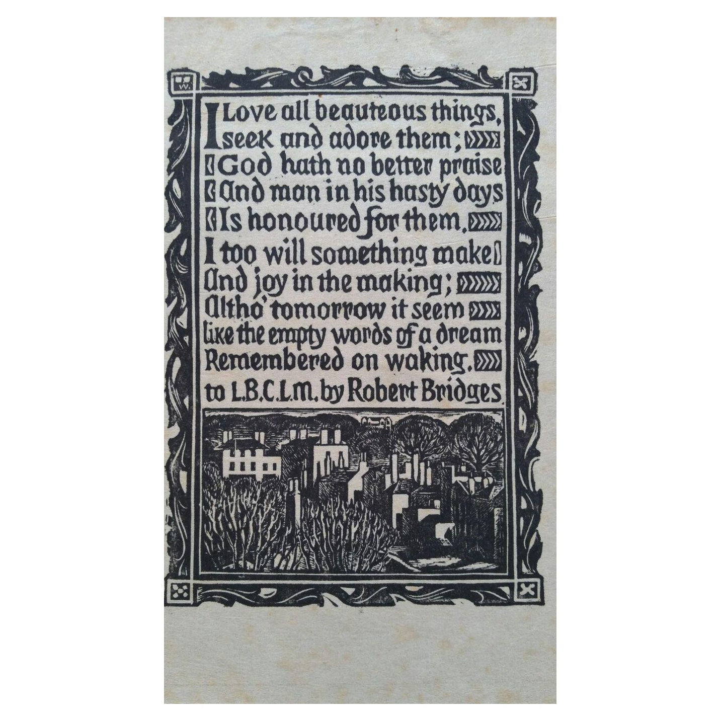 English Antique Woodcut Engraving, of Prose by Robert Bridges For Sale