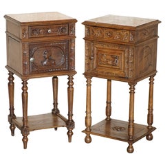 Pair of Marble Topped Hand Carved Oak Continental Side Lamp Night Stand Tables