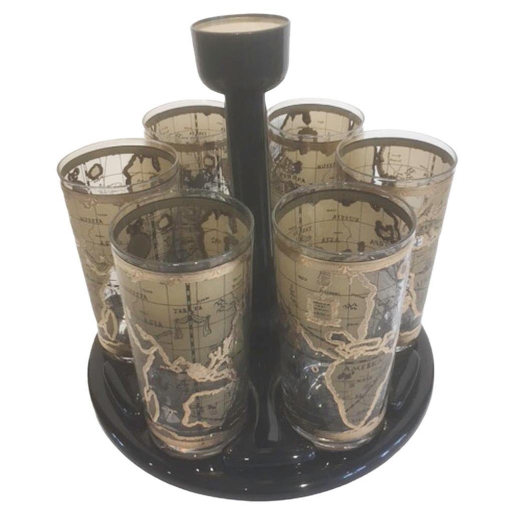 6 Vintage Old World Map Highball Glasses with a Circular Vinyl Caddy For Sale