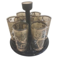 6 Used Old World Map Highball Glasses with a Circular Vinyl Caddy