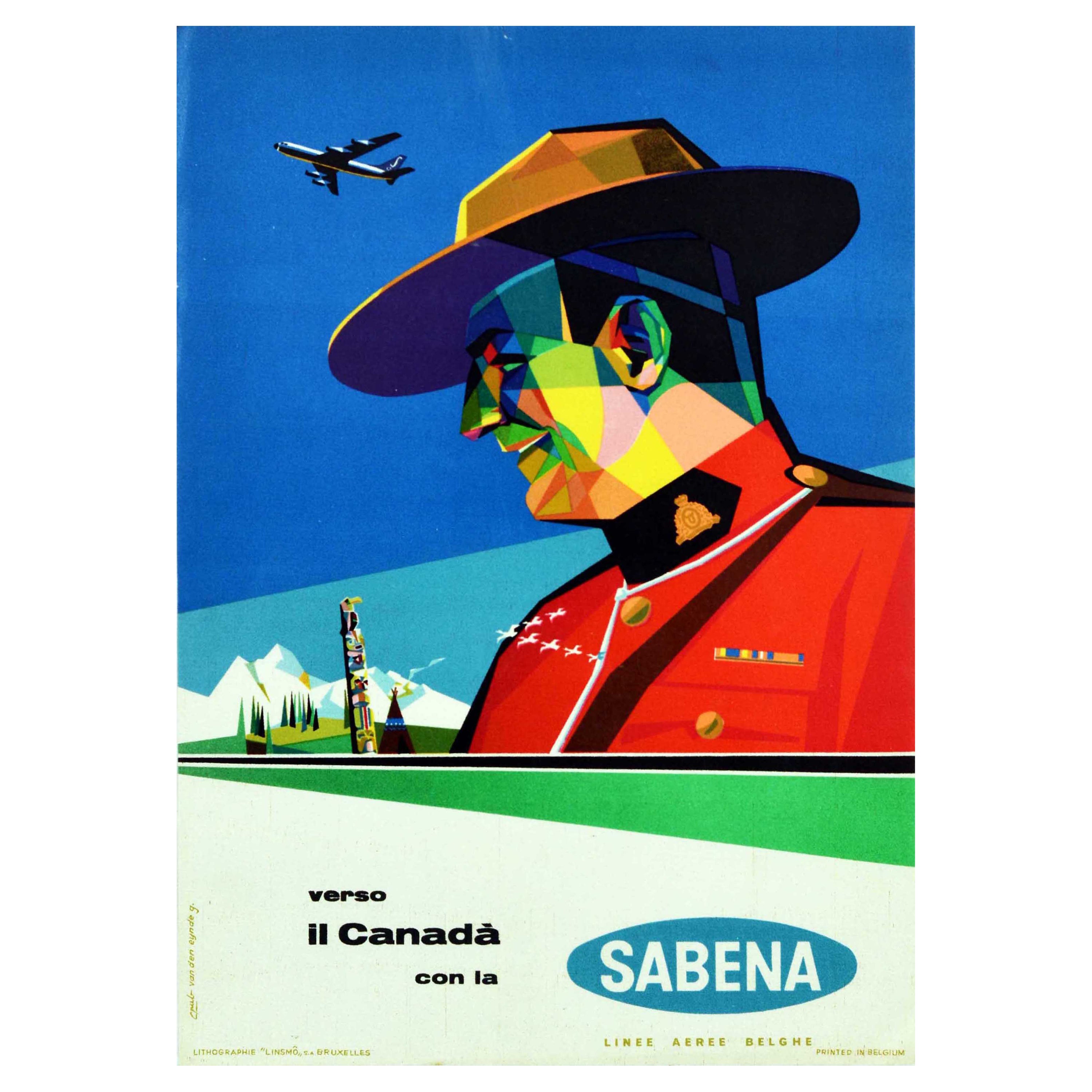 Original Vintage Travel Poster For Canada By Sabena Airlines RCMP Mountie Design For Sale