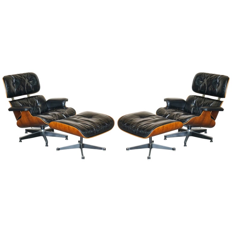 Restored Pair of 1960 Herman Miller No1 Hardwood Eames Lounge Armchairs Ottomans For Sale