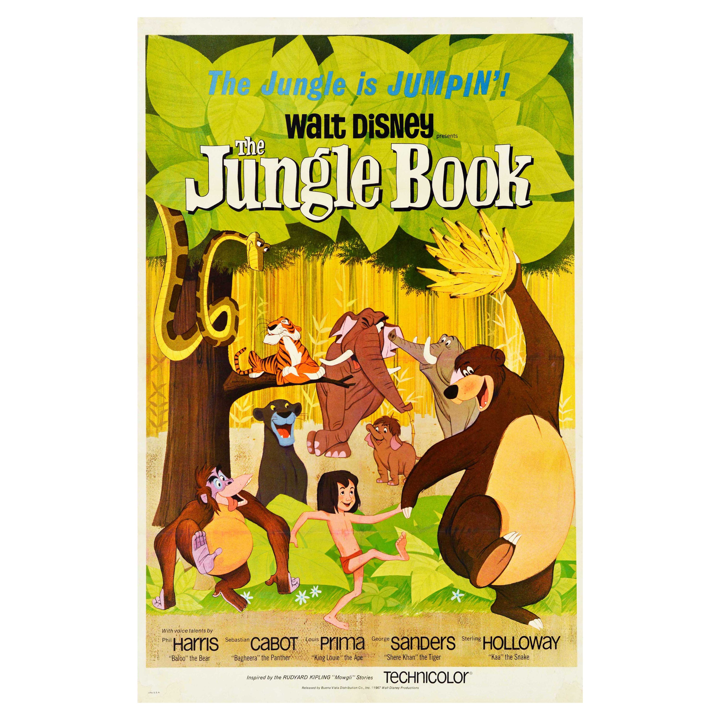 Affiche vintage d'origine du film The Jungle Book, film animé Walt Disney Mowgli