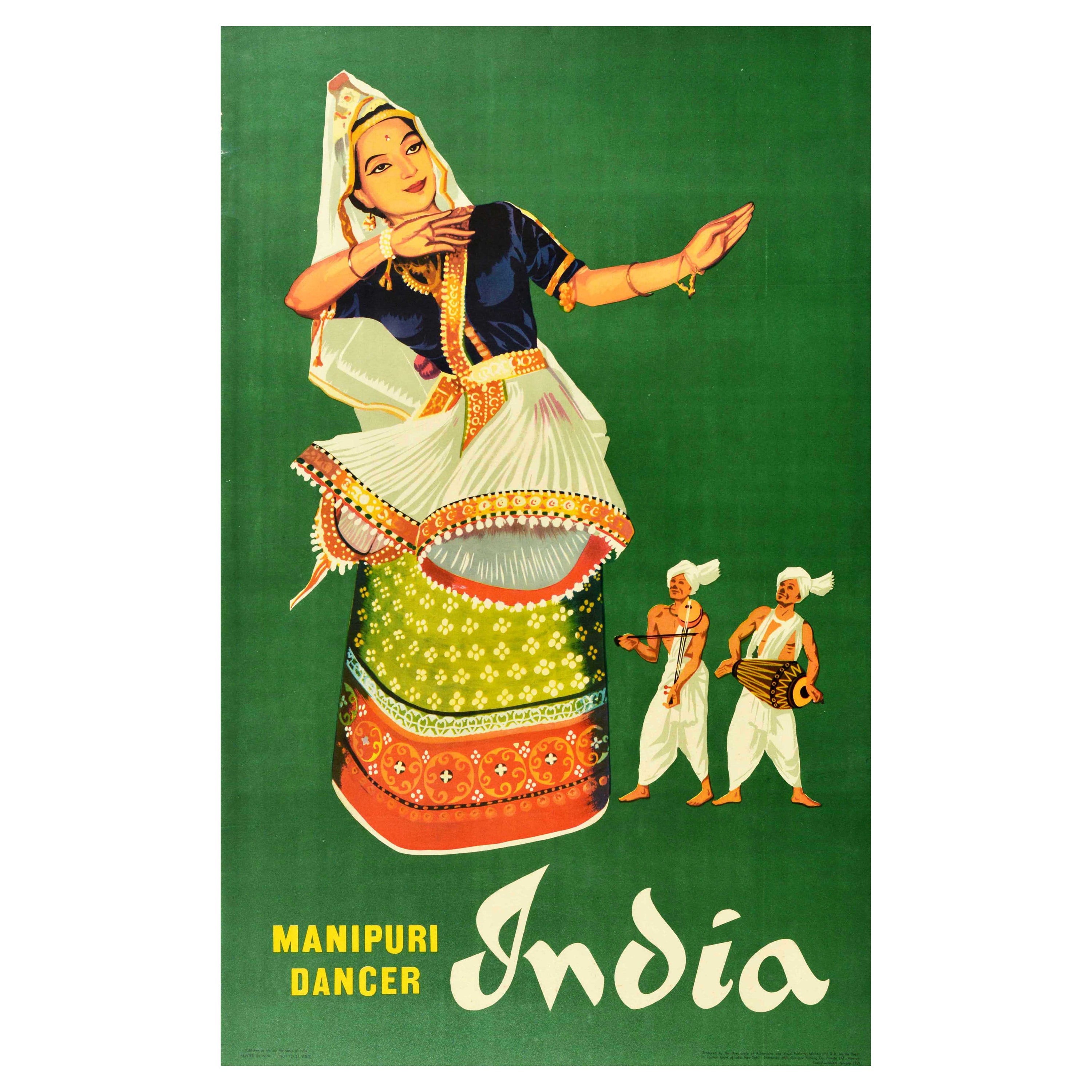 Póster de viaje vintage original de la India Obra de arte de bailarines y músicos manipuri en venta