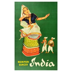 Original Vintage Travel Poster For India Manipuri Dancer And Musicians Artwork