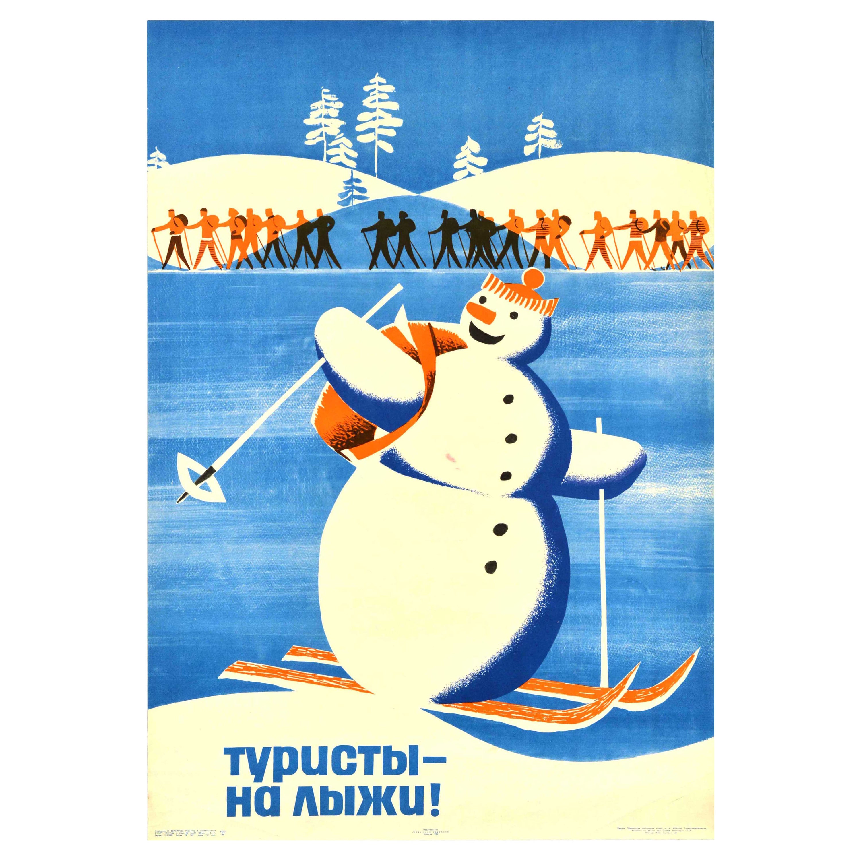 Original Vintage Winter Sport Poster Ski Tourists Snowman Cross-Country Skiers For Sale