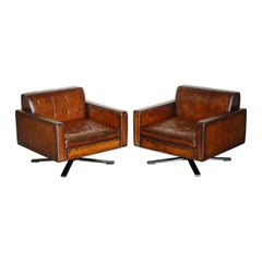 Fine Pair of One of a Kind Poltrona Frau Kennedee Brown Leather Swivel Armchairs