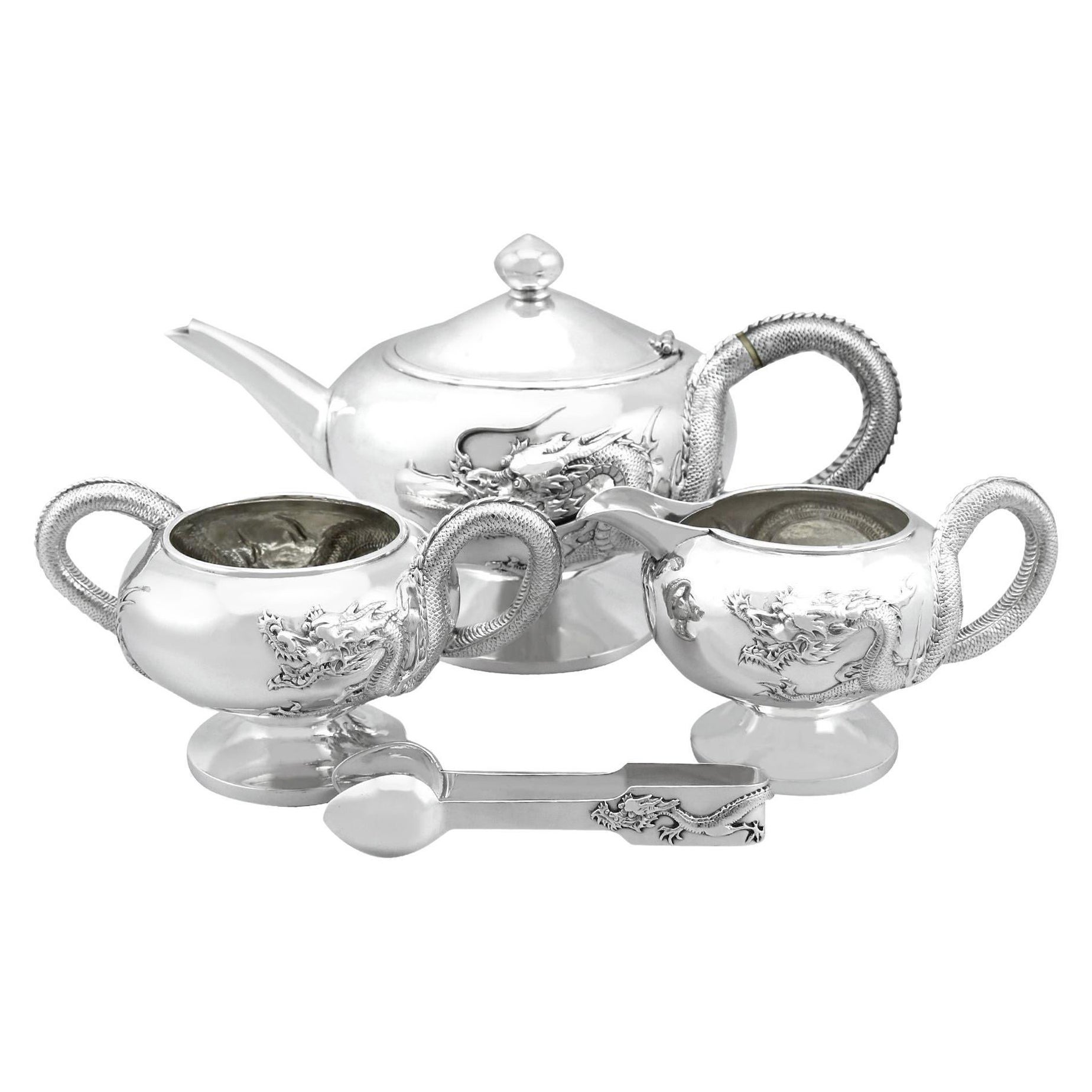 Chinese Export Silver Three Piece Tea Service, circa 1900 For Sale