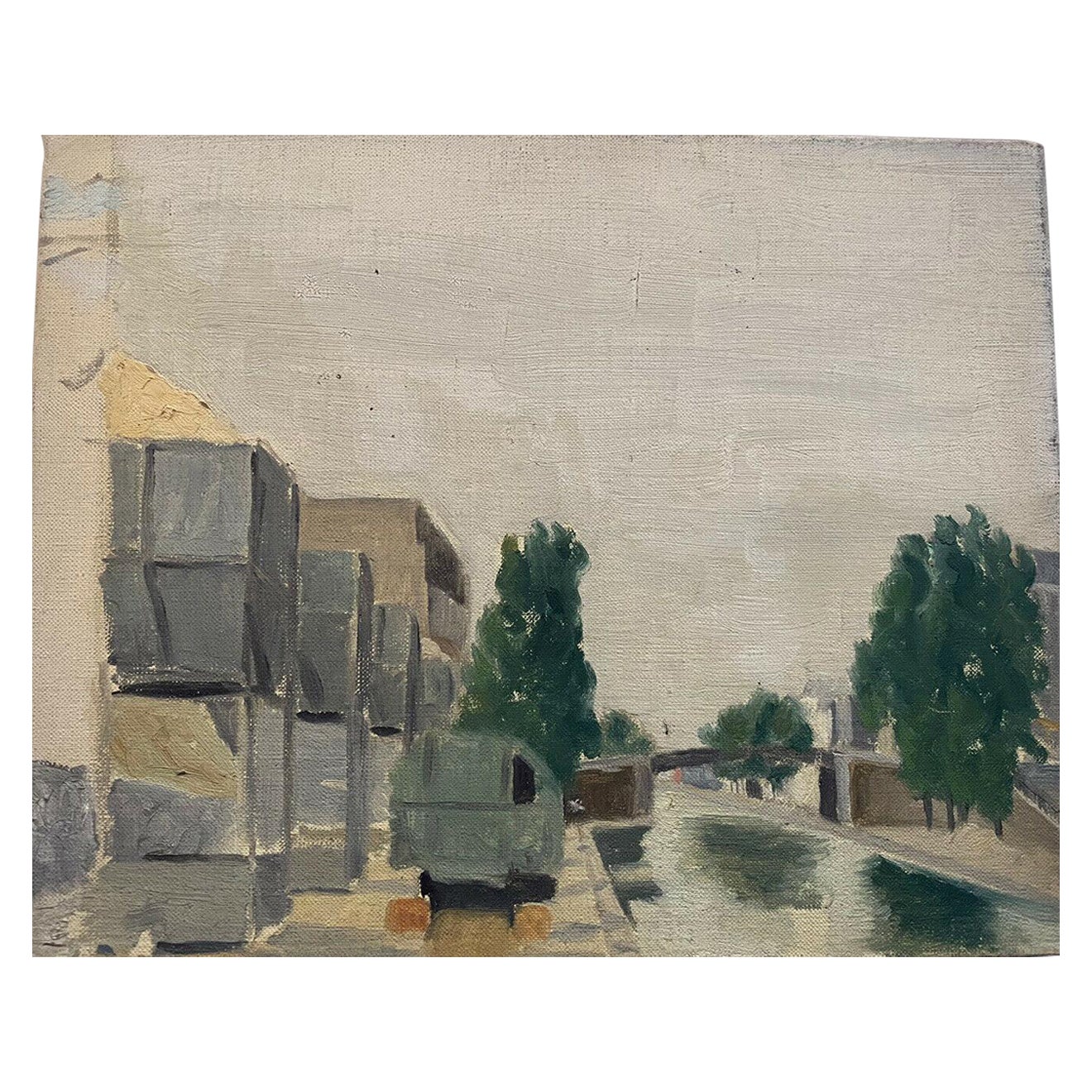 Mid Century French Oil Painting - beside the Canal For Sale