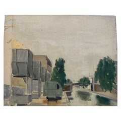Mid Century French Oil Painting - beside the Canal