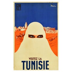 Original Vintage PLM Railway Travel Poster Tunisie Tunisia Africa Art Deco