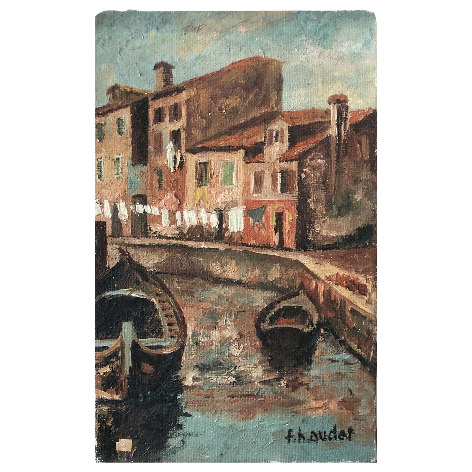 Huile post-impressionniste française signée Fernand Audet, « Old French Town » en vente