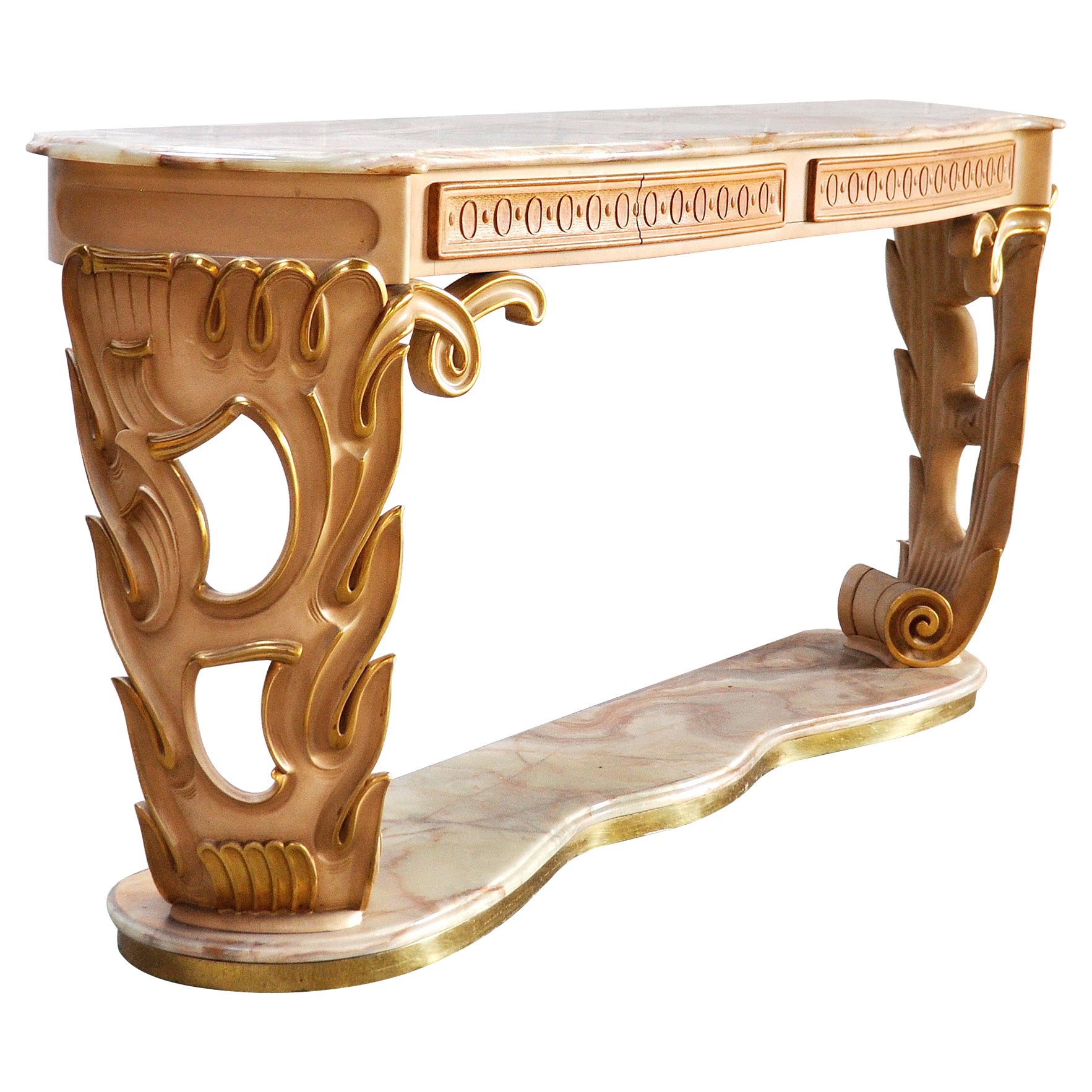 Italian Carved & Gilded Wood Console with Onyx Top, 1940s For Sale