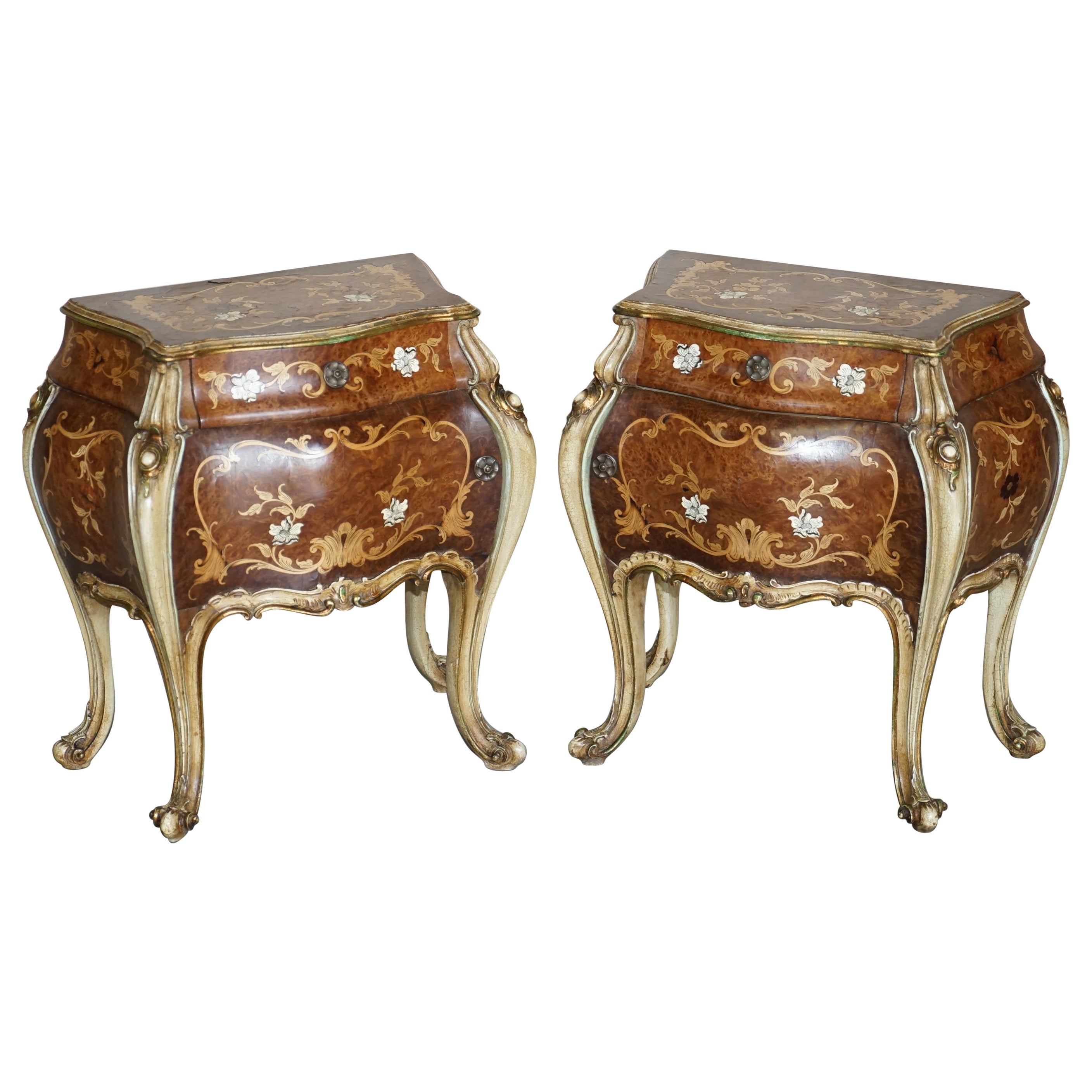 Pair of French Marquetry Inlaid Walnut Marble Bedside Bombe Chest of Drawers For Sale