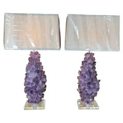 Vintage Pair of Amethyst Crystal Quartz Table Lamps By Joseph Malekan 