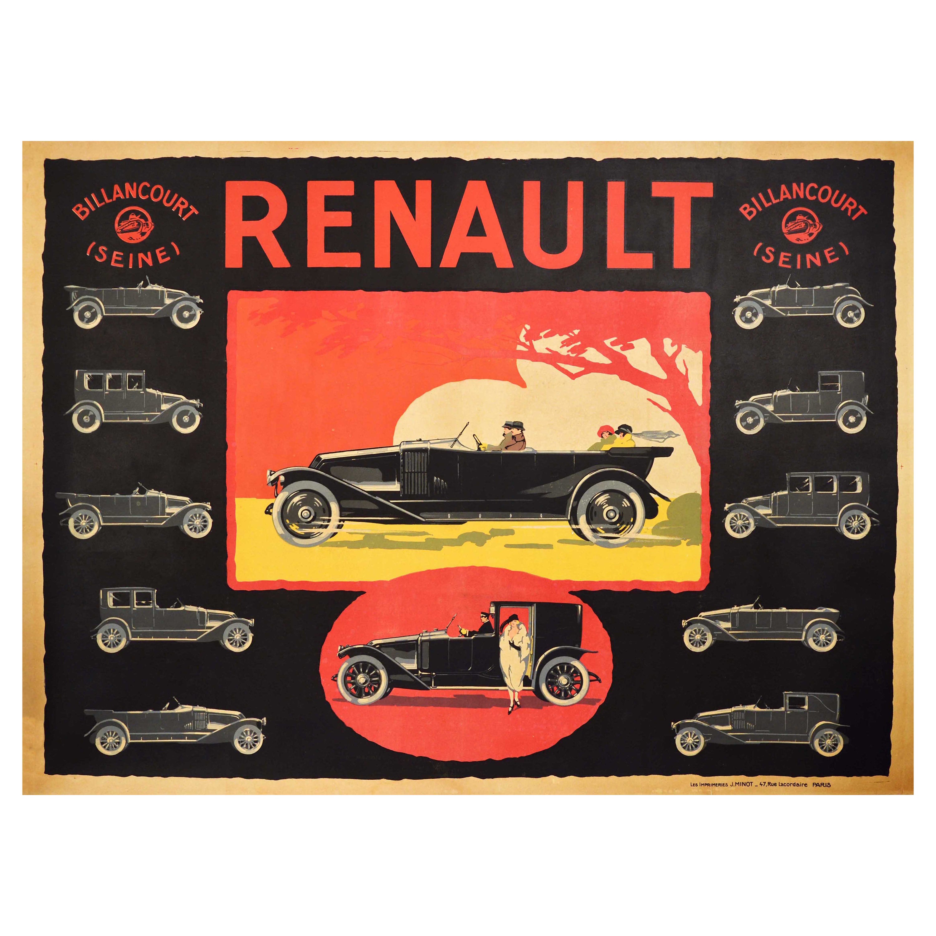 Original Antique Advertising Poster Renault Billancourt Seine Classic Car Models