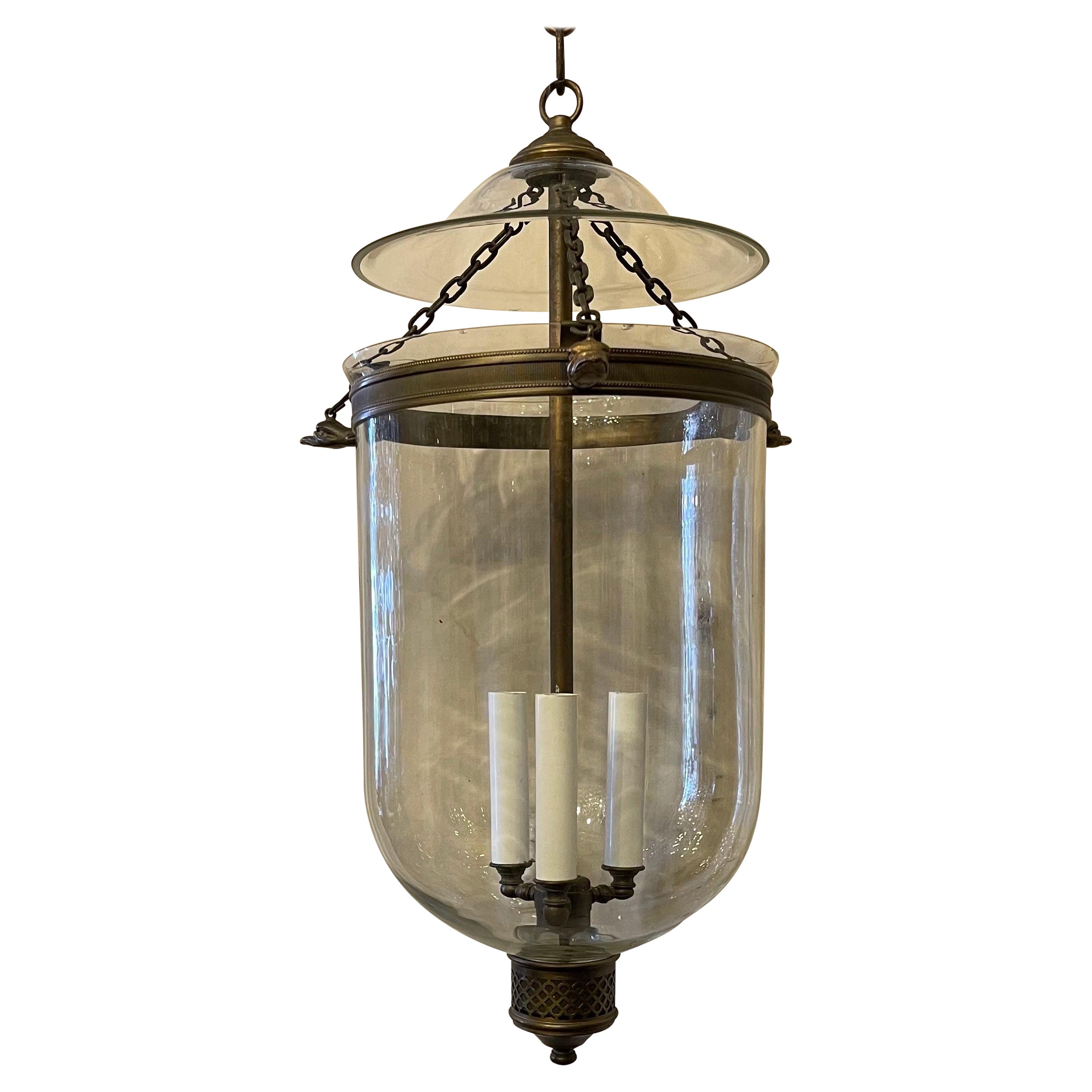 Wonderful Neoclassical Empire Glass Bell Jar Lantern Fixture Eagle Bronze Heads