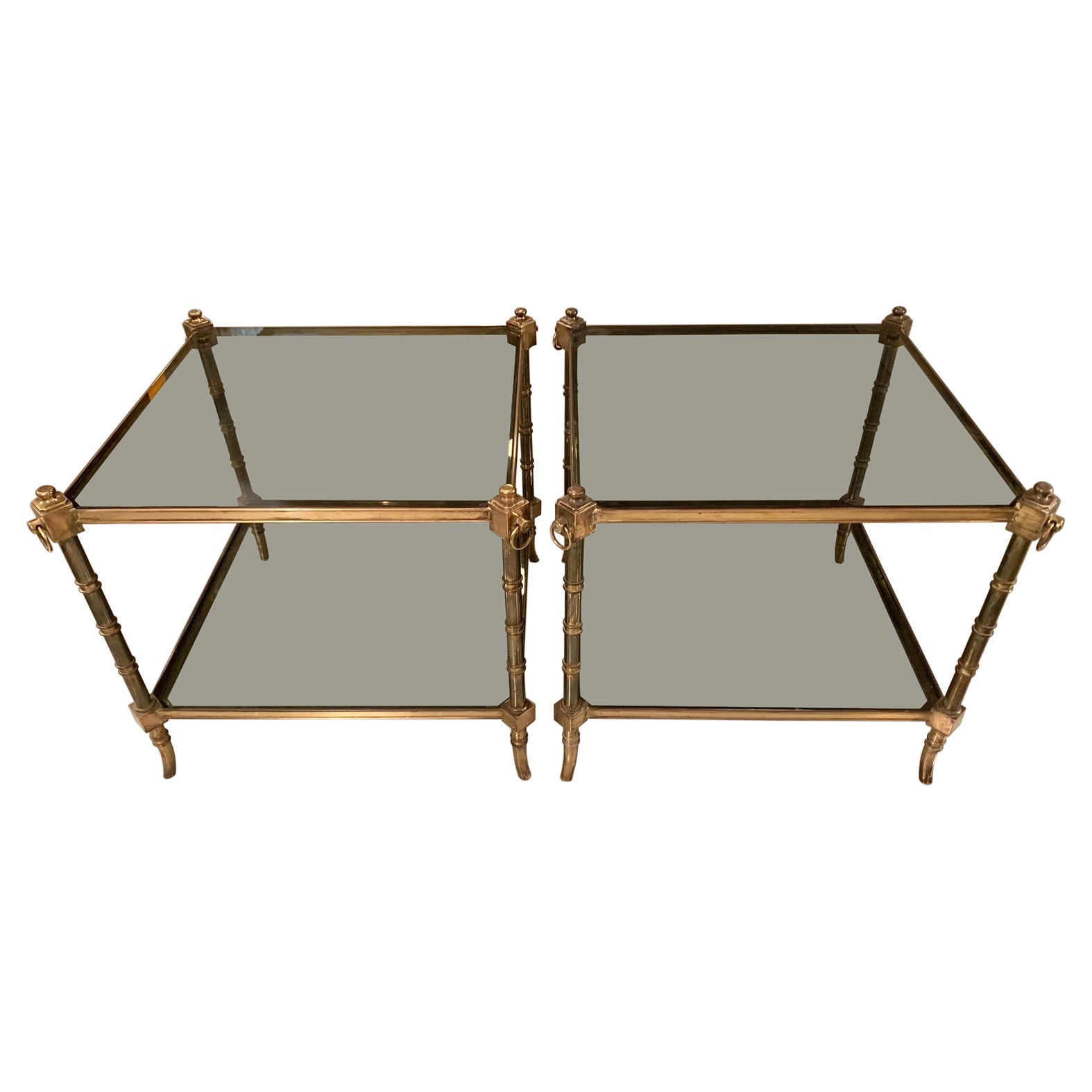 1970 Pair Spanish Faux Bamboo Brass and Smoked Glass Side Coffee Tables 