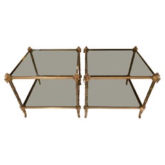 1970 Pair Spanish Faux Bamboo Brass and Smoked Glass Side Coffee Tables 
