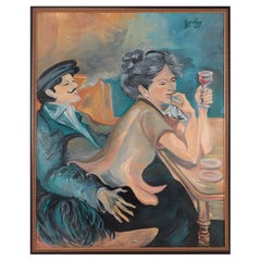 Large 20th Century Oil on Canvas Painting of Man & Woman in Cafe by J. Wendling