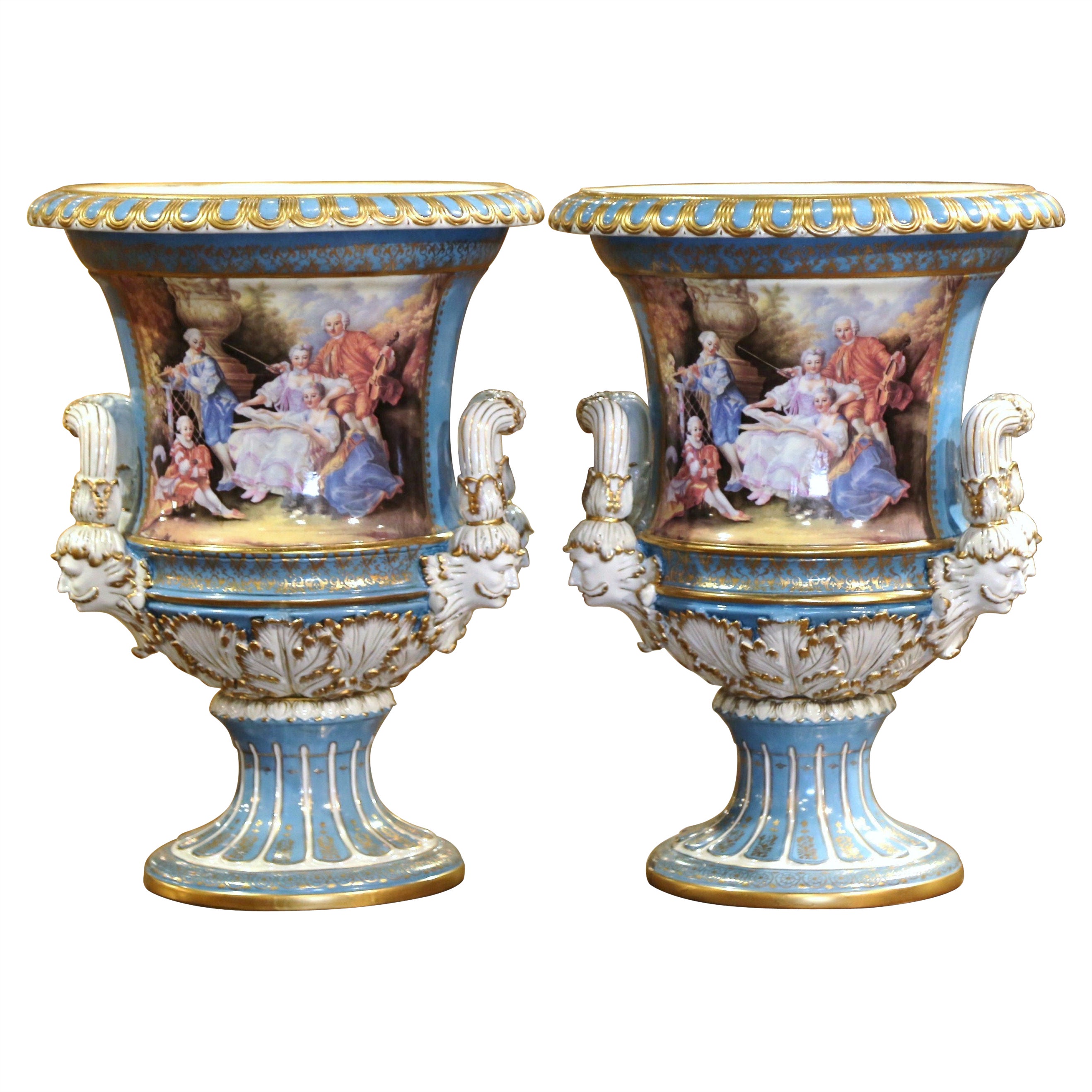 Pair of Mid-Century French Louis XVI Painted Porcelain Urns Sevres Style For Sale