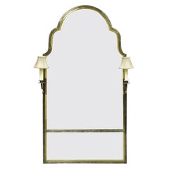 Modern Brushed Steel and Brass Arch Wall Mirror with Lighted Sconces