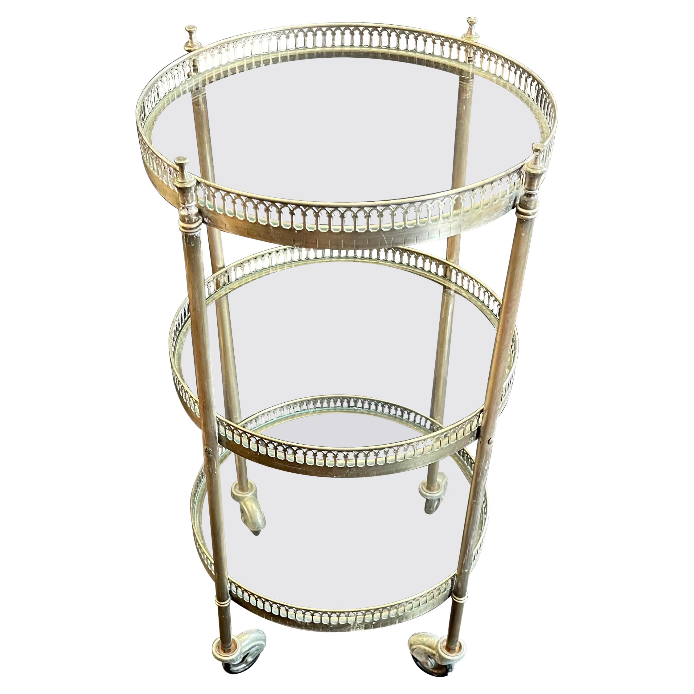 Wonderful French Nickel Silver Plated Glass Three-Tier Bar Cart Round Side Table