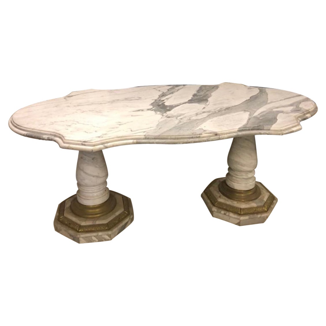 Large 20th Century Twin Pedestal Carrara Marble Center Table For Sale