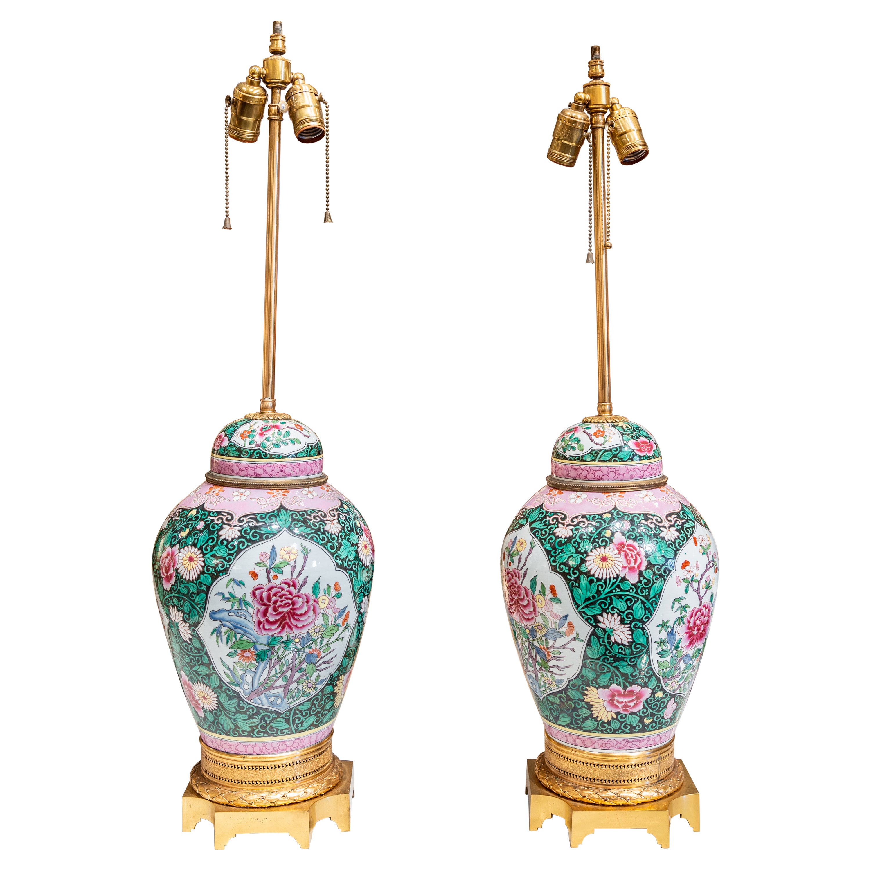 Fine Pair of 19th C French Famille Verte Porcelain and Bronze Dore Urn Lamps