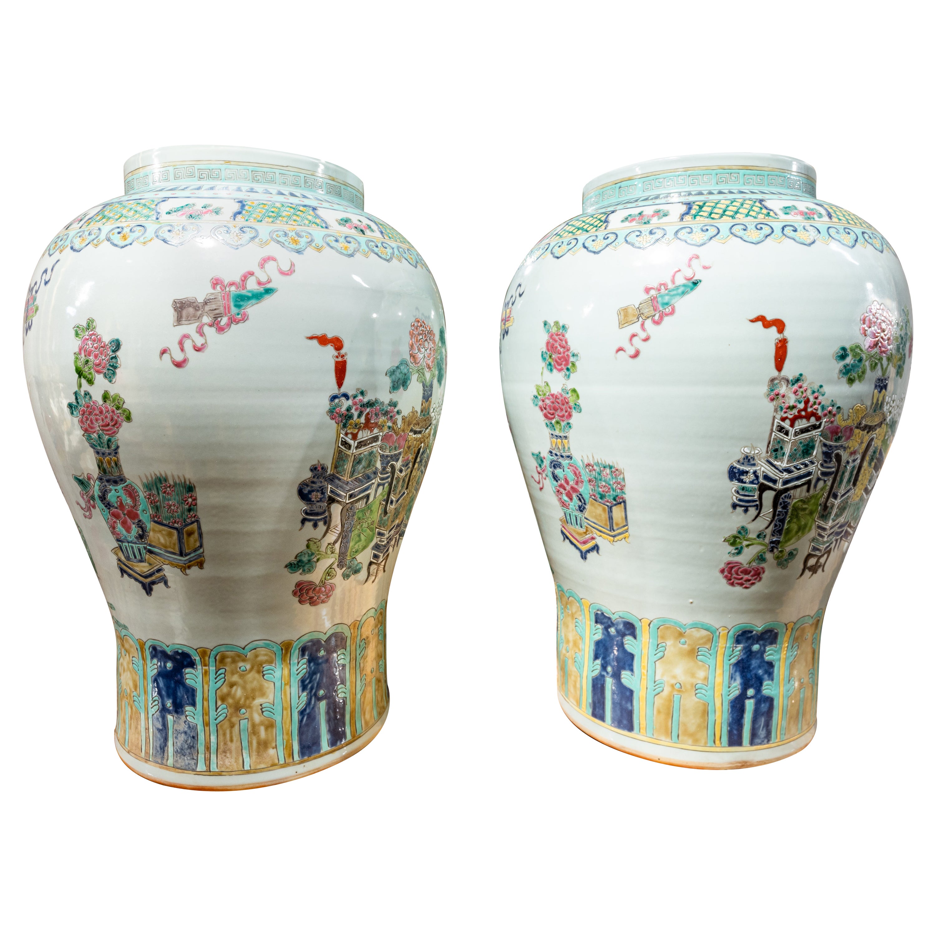 Fine Pair of French 19th C Famille Verte Porcelain Large Decorated Vases For Sale