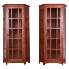 Stickley Mission Oak Arts and Crafts Lighted Corner Cabinets, Pair