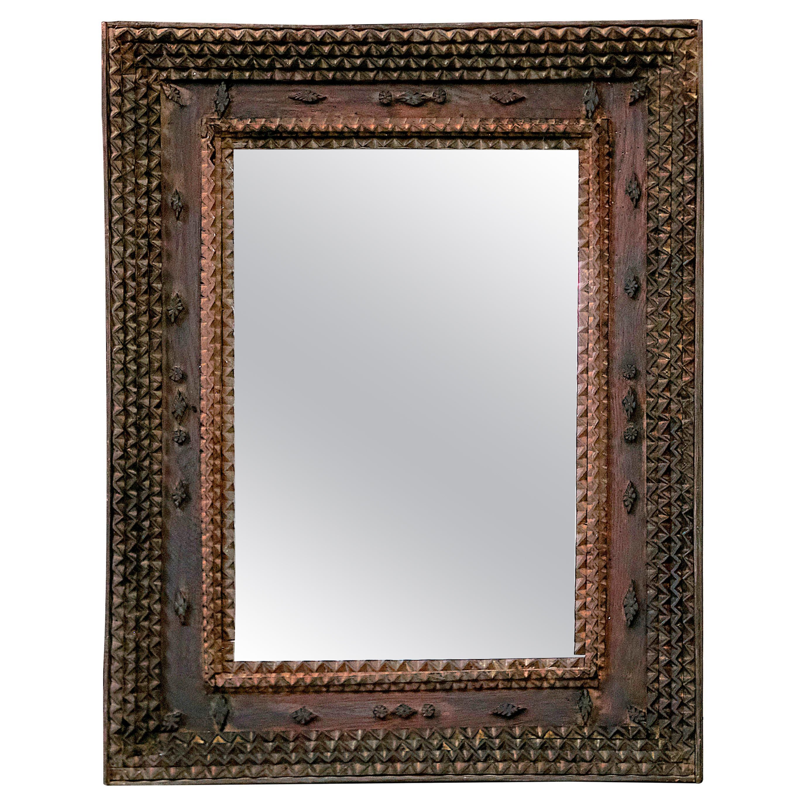 French Turn of the Century Tramp Art Wall Mirror with Brown Patina, circa 1900