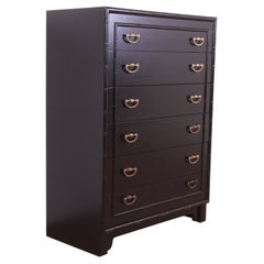 Used Lane Furniture Black Lacquered Walnut and Faux Bamboo Highboy Dresser