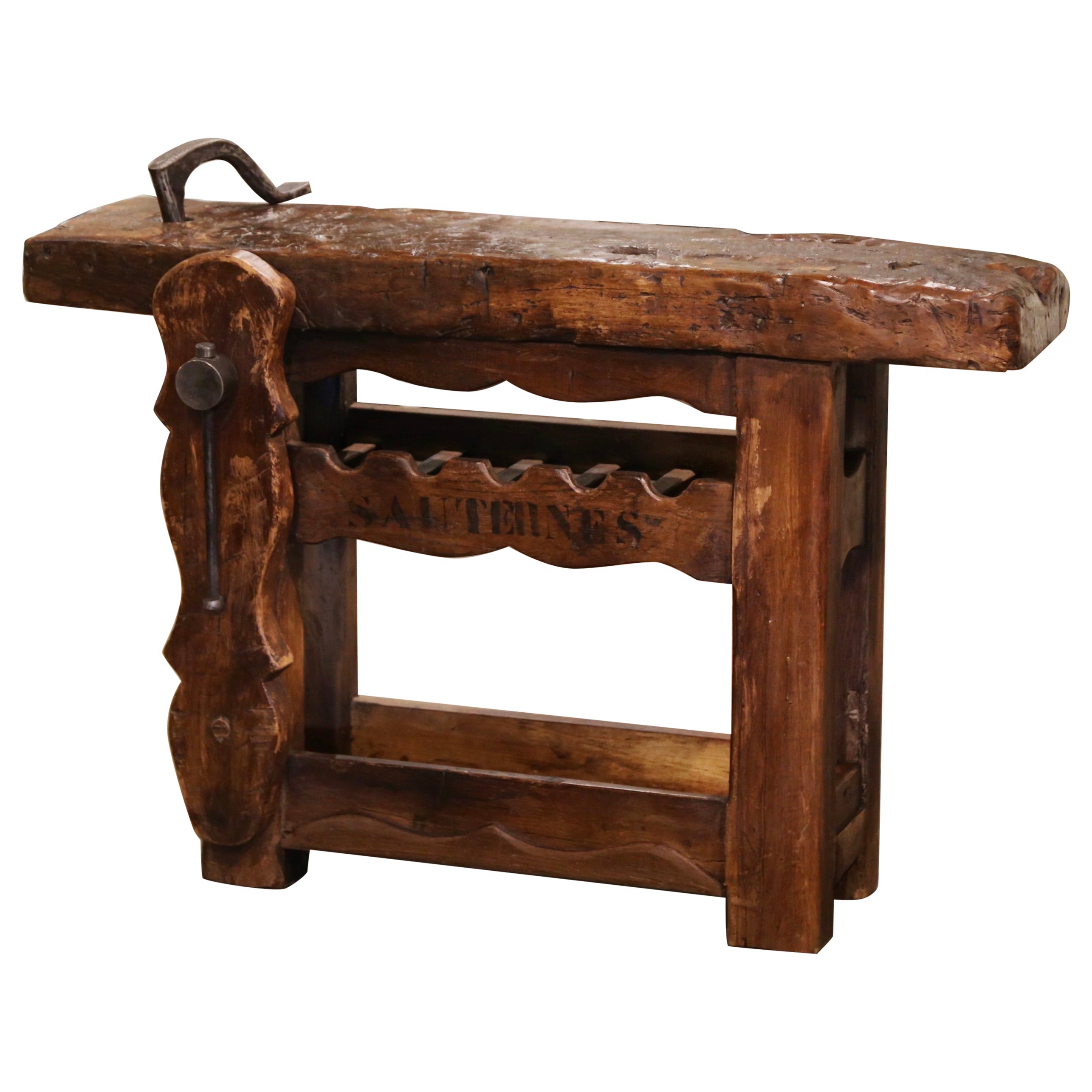 Tavolo da falegname in quercia francese del XIX secolo con portabottiglie per cinque bottiglie