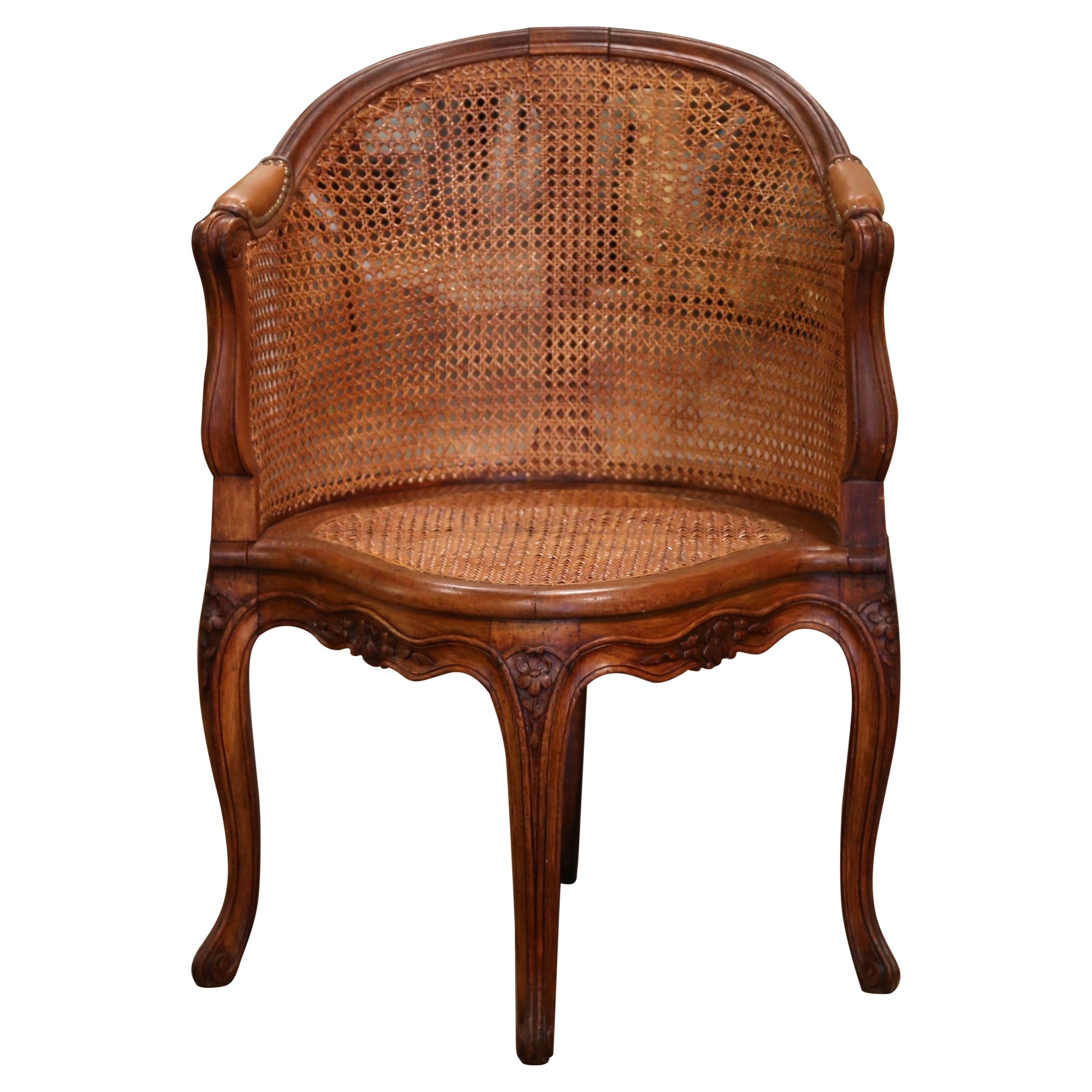 Early 20th Century French Louis XV Cane Desk Armchair with Leather Armrests