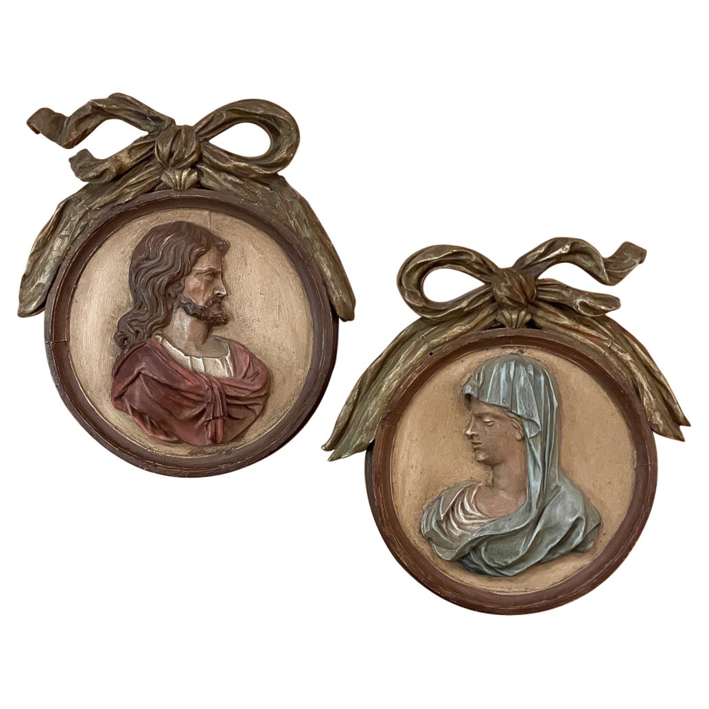 Pair 18th Century Carved and Painted Italian Religious Cameos For Sale