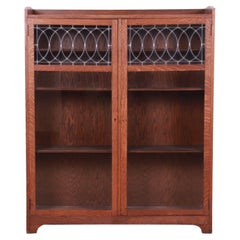 Mission Oak Arts & Crafts Double Bookcase with Leaded Glass Doors, Circa 1900