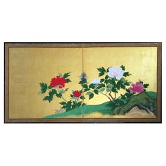 Antique Gold Leaf Japanese Folding Screen Two Panels