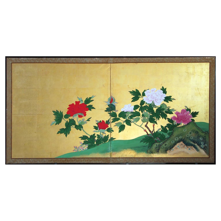Gold Leaf Japanese Folding Screen Two Panels For Sale