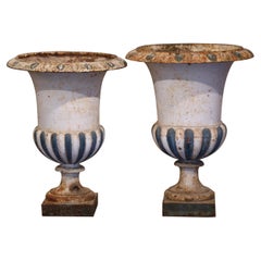 Antique Mid-19th Century, French, Two-Tone Painted Iron Campana Form Urns, Set of 2