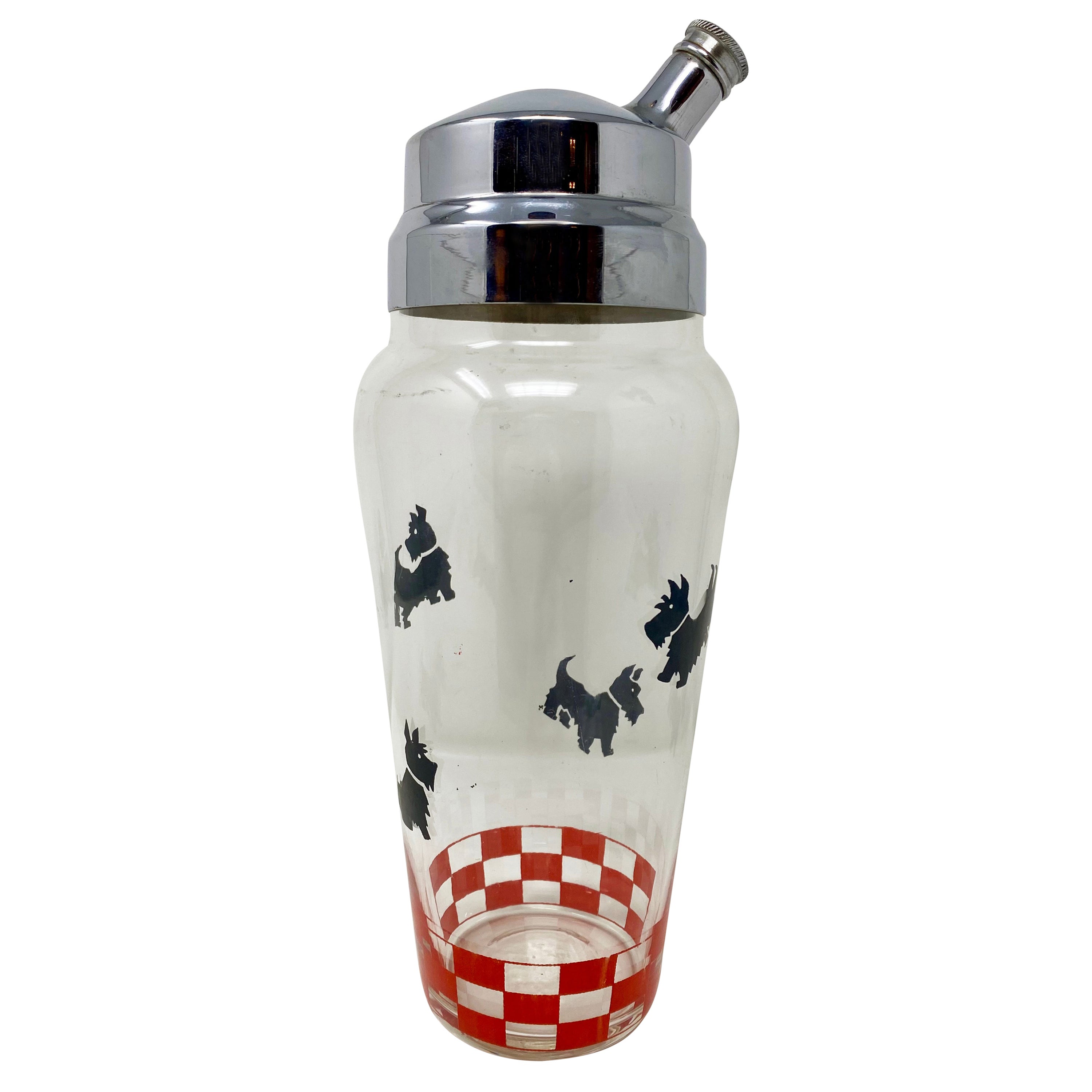 Estate Retro Style "Scottish Terrier & Red Checkerboard" Glass Cocktail Shaker For Sale