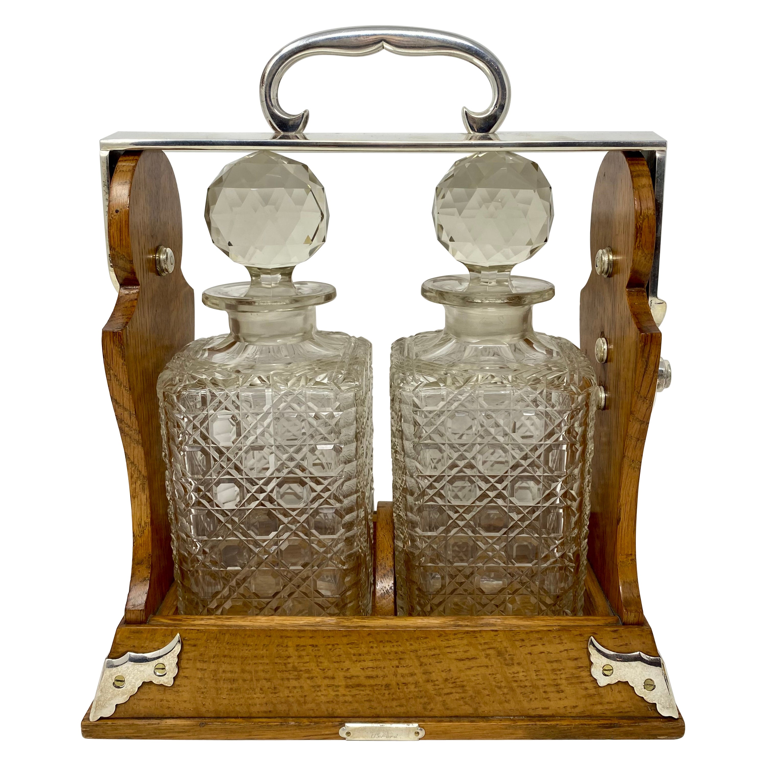 Antique English Oak 2 Bottle Tantalus with Silver-Plate Mounts, Circa 1880