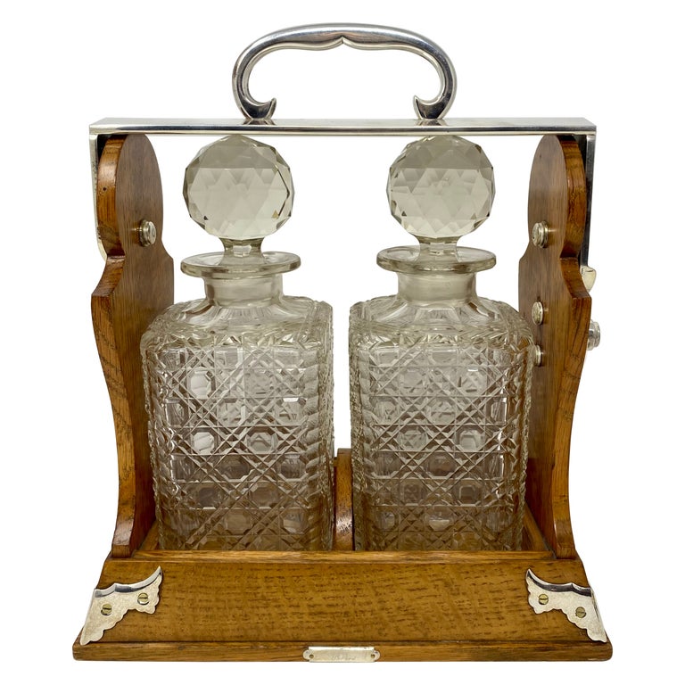 Antique English Oak 2 Bottle Tantalus with Silver-Plate Mounts, Circa 1880 For Sale