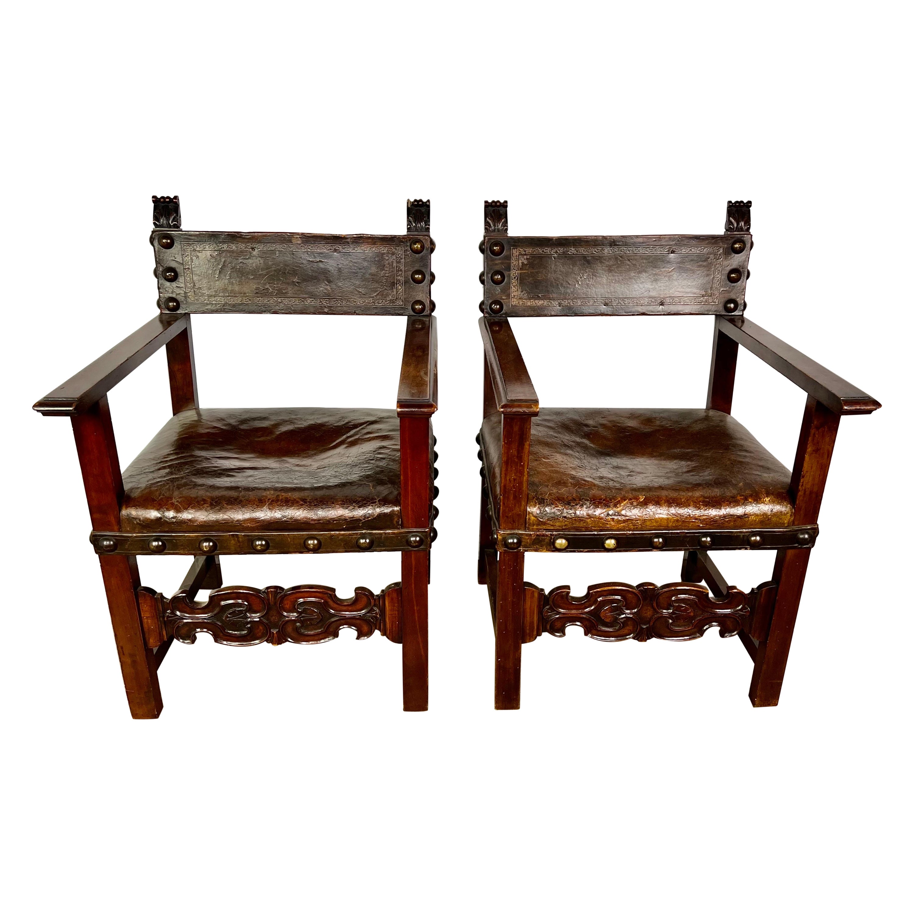 Pair of 19th C. Spanish Leather Armchairs